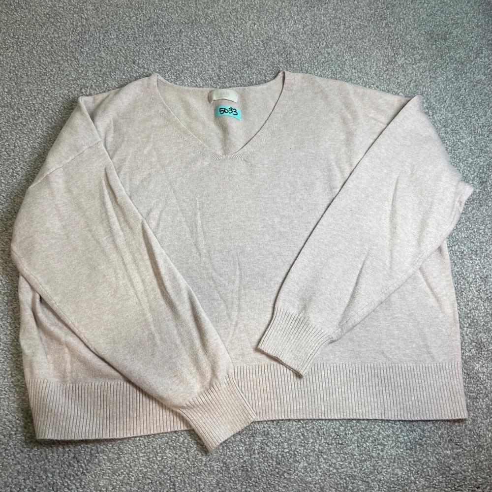 nuuds Sweater Women Small Tan Heather Ribbed Knit Relaxed Cotton Blend v neck